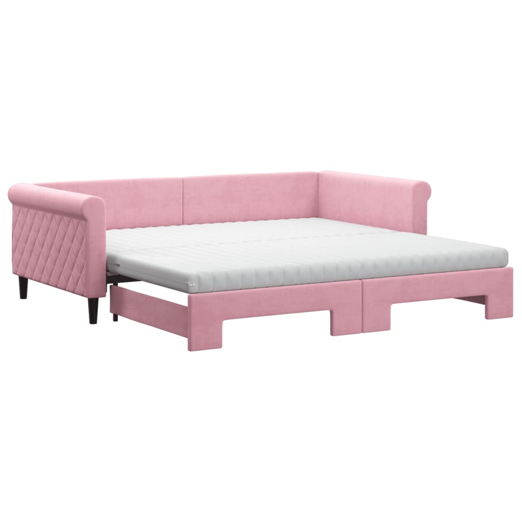Slaapbank onderschuifbed en matrassen 100x200 cm fluweel roze – afbeelding 2