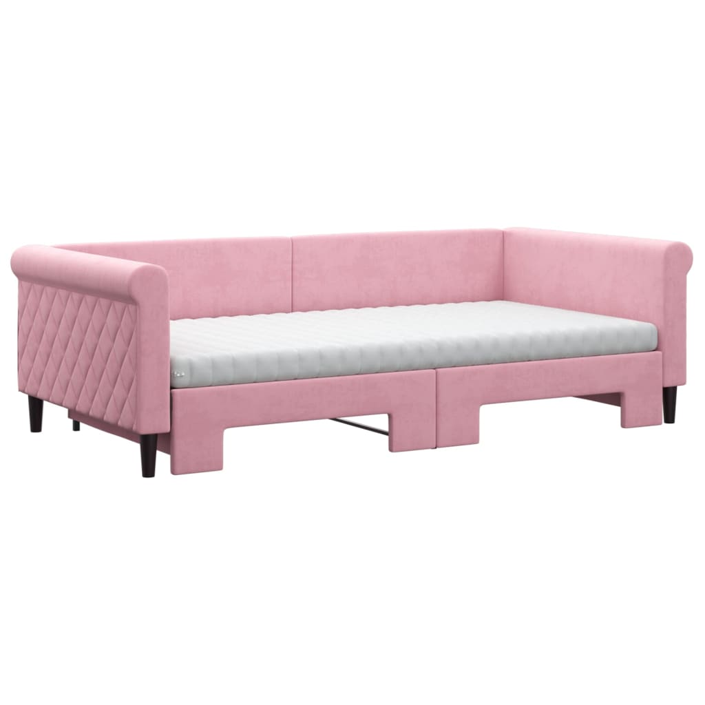 Slaapbank onderschuifbed en matrassen 100x200 cm fluweel roze – afbeelding 3