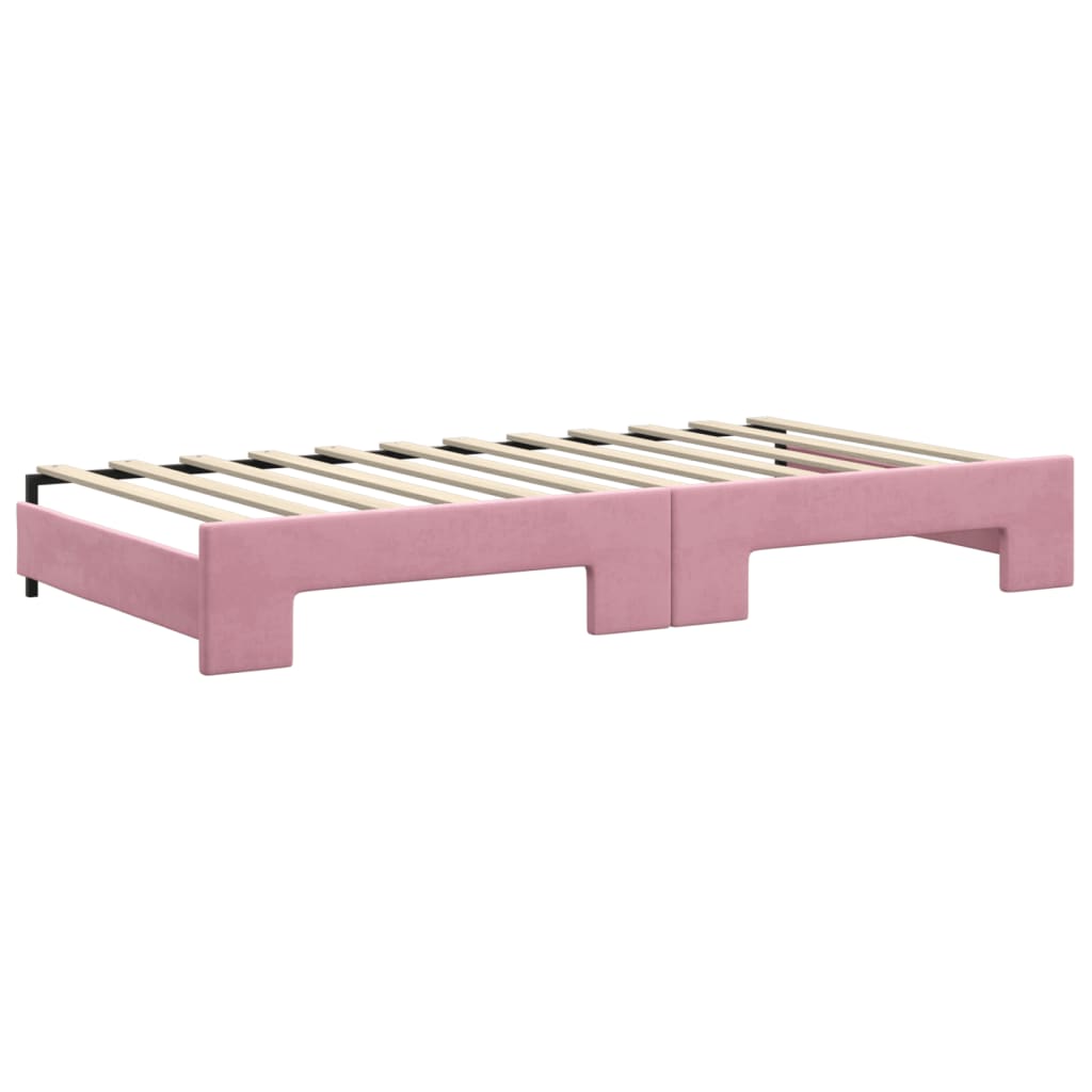 Slaapbank onderschuifbed en matrassen 100x200 cm fluweel roze – afbeelding 5