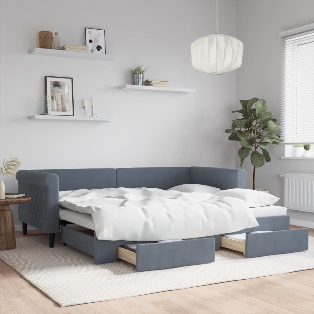 Slaapbank onderschuifbed en lades 90x200 cm fluweel donkergrijs – afbeelding 1