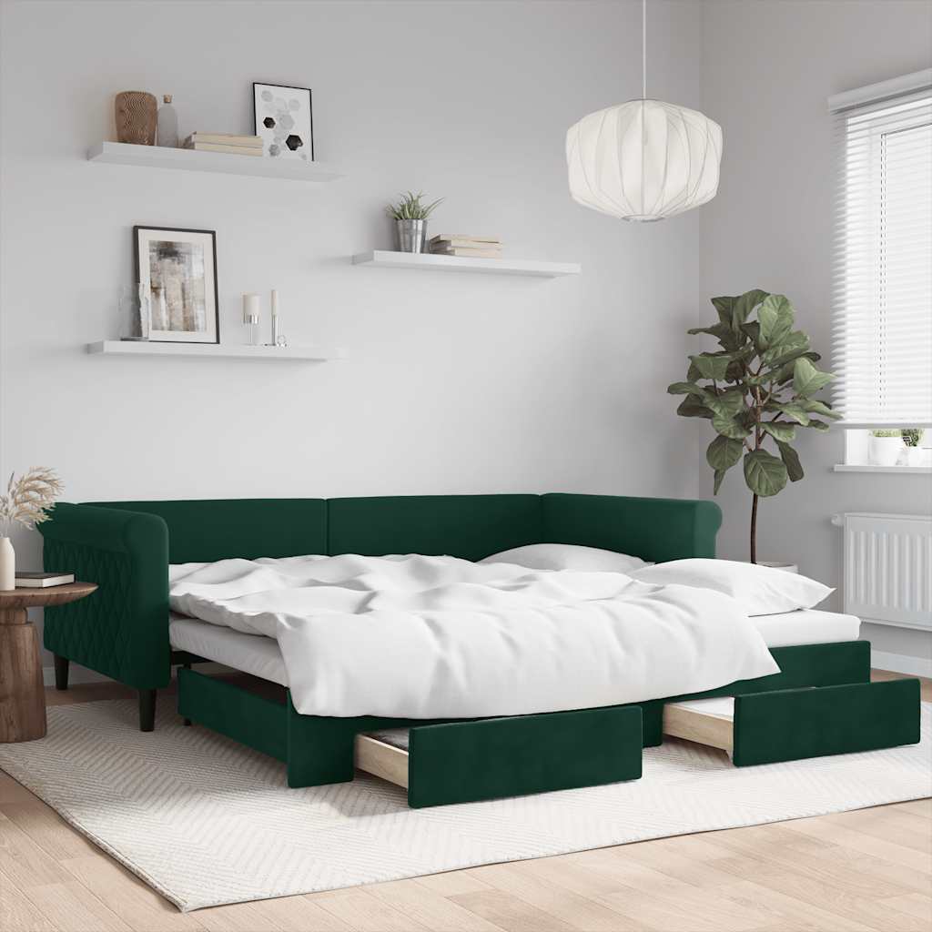 Slaapbank onderschuifbed lades 100x200 cm fluweel donkergroen – afbeelding 1