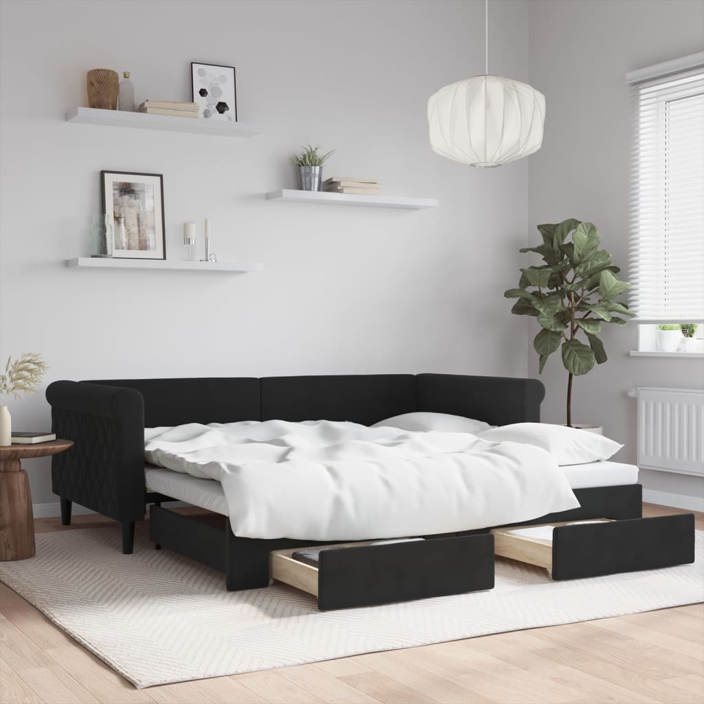 Slaapbank met onderschuifbed en lades 90x190 cm fluweel zwart – afbeelding 1