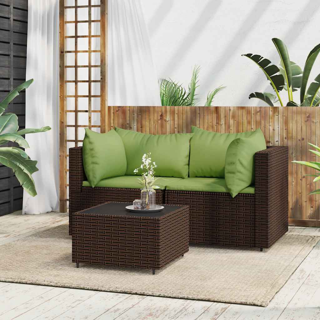3-delige Loungeset met kussens poly rattan bruin – afbeelding 1