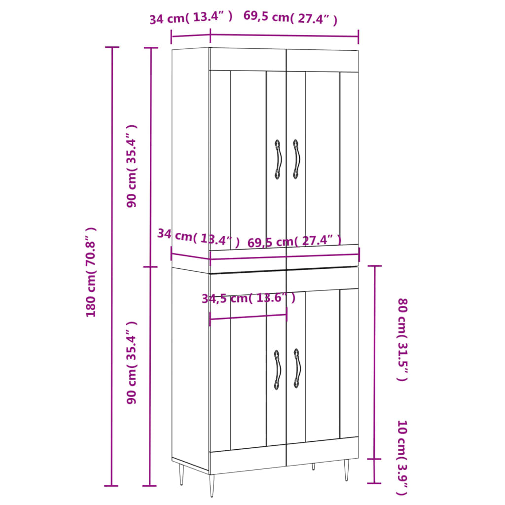 Hoge kast 69,5x34x180 cm bewerkt hout gerookt eikenkleurig – afbeelding 11