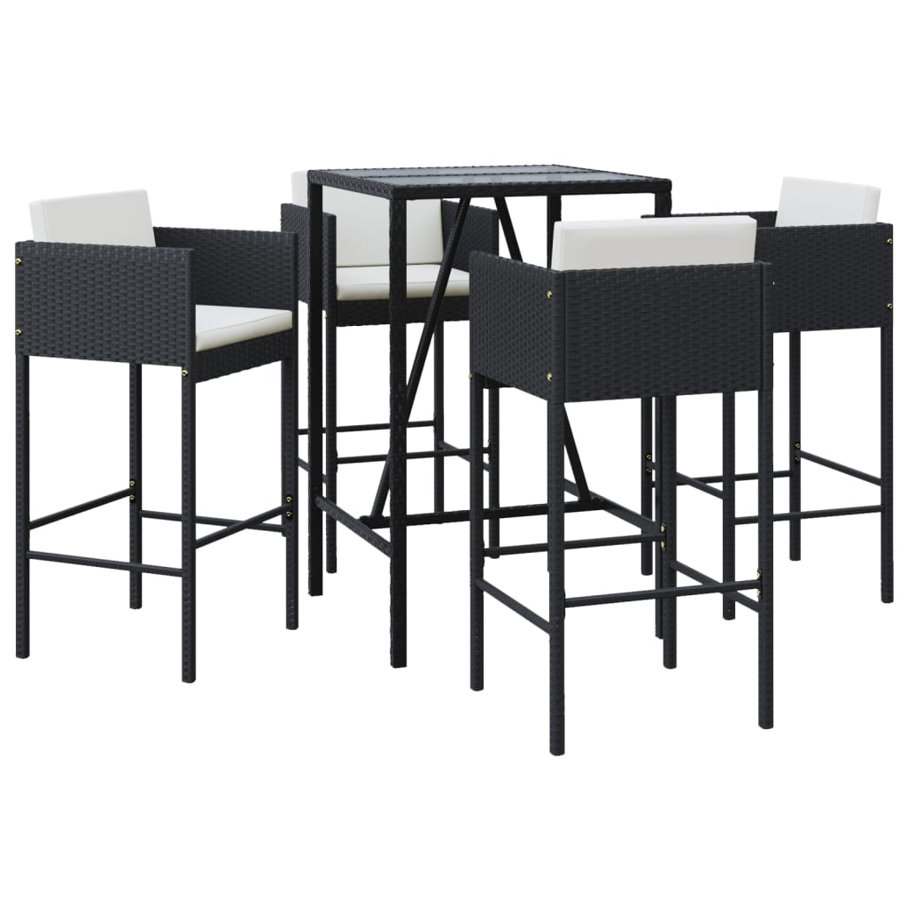 5-delige Tuinbarset met kussens poly rattan zwart – afbeelding 2