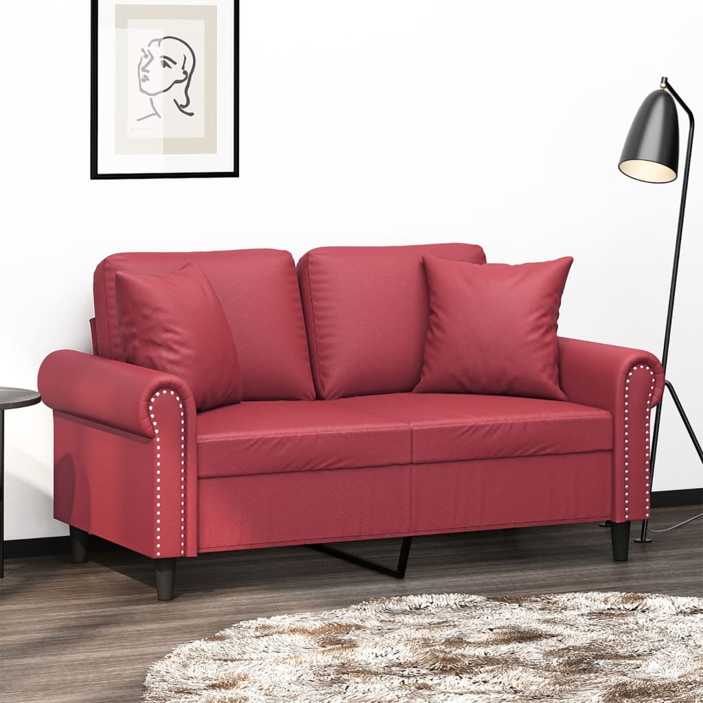 Tweezitsbank met sierkussens 120 cm kunstleer wijnrood – afbeelding 1