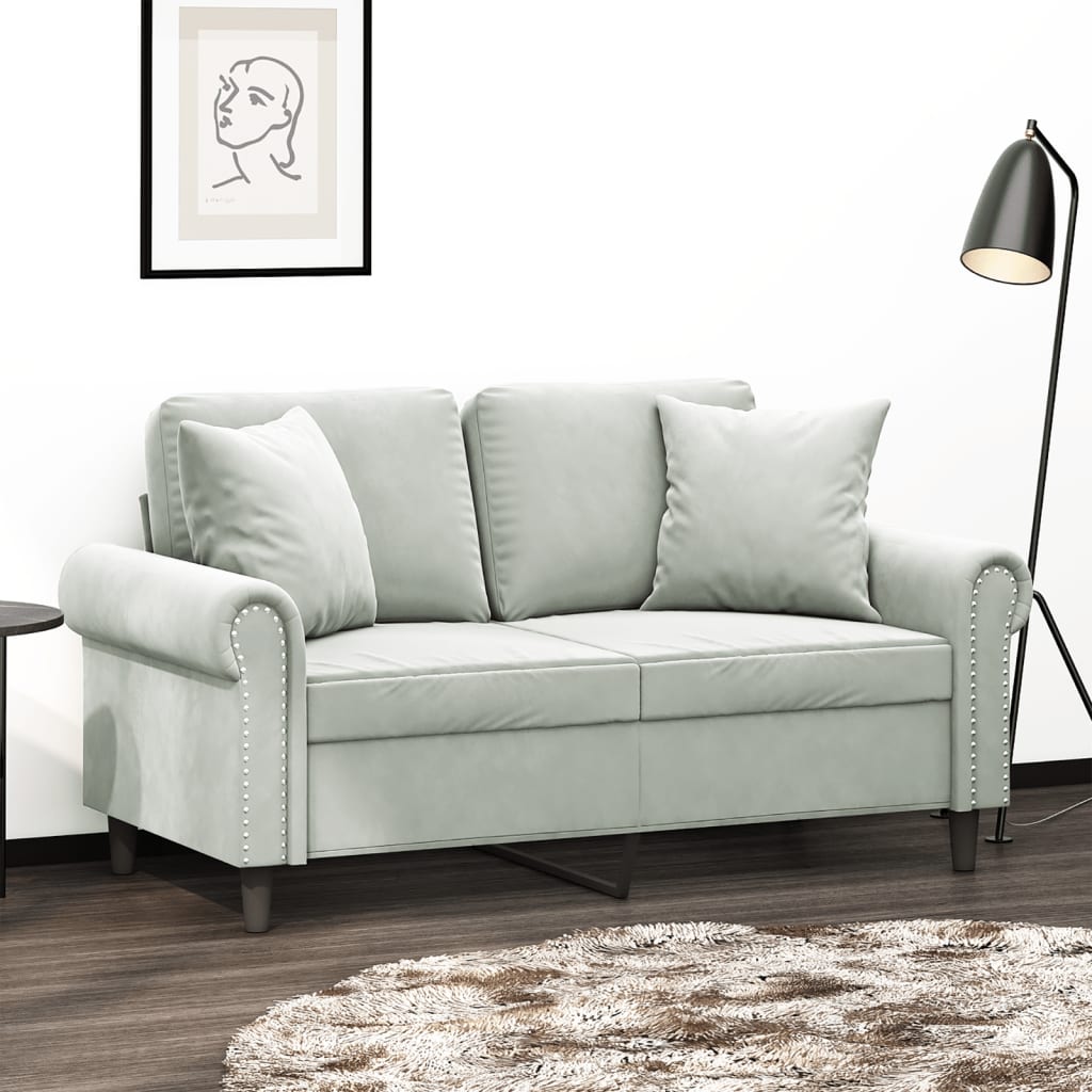 Tweezitsbank met sierkussens 120 cm fluweel lichtgrijs – afbeelding 1