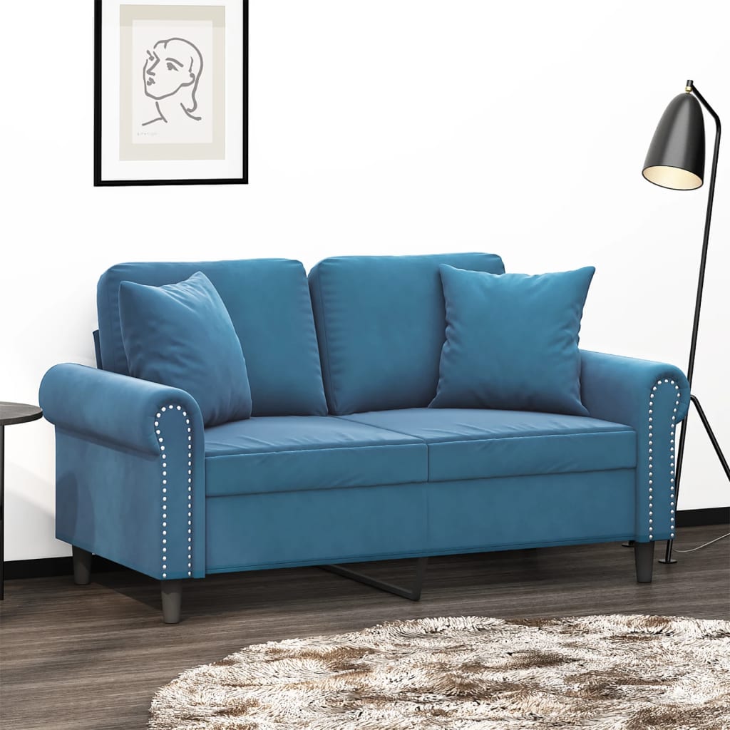 Tweezitsbank met sierkussens 120 cm fluweel blauw – afbeelding 1
