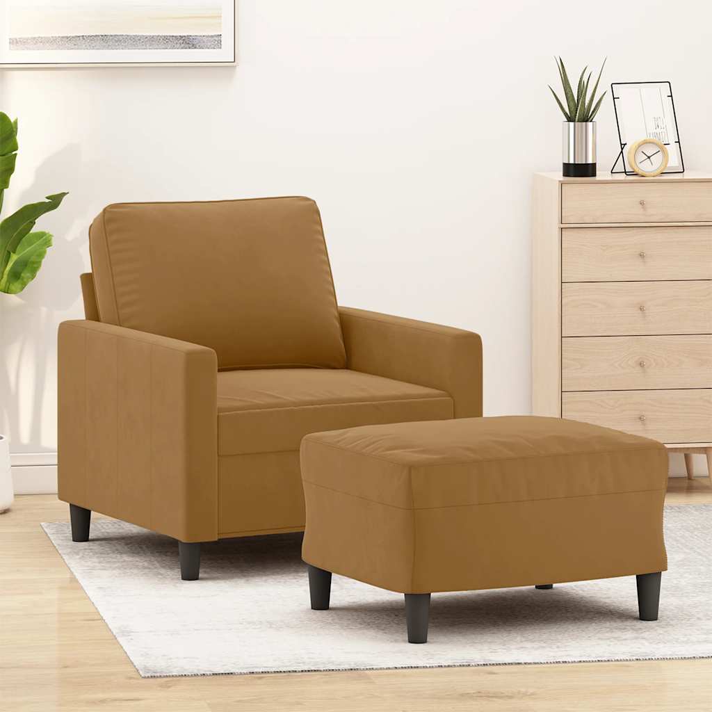 Fauteuil met voetenbank 60 cm fluweel bruin – afbeelding 1