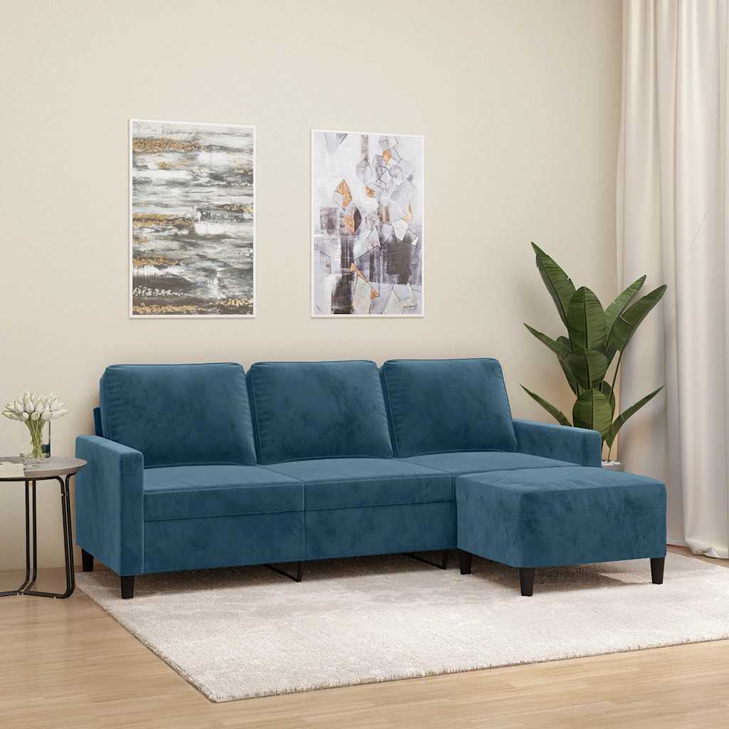 Driezitsbank met voetenbank 180 cm fluweel blauw