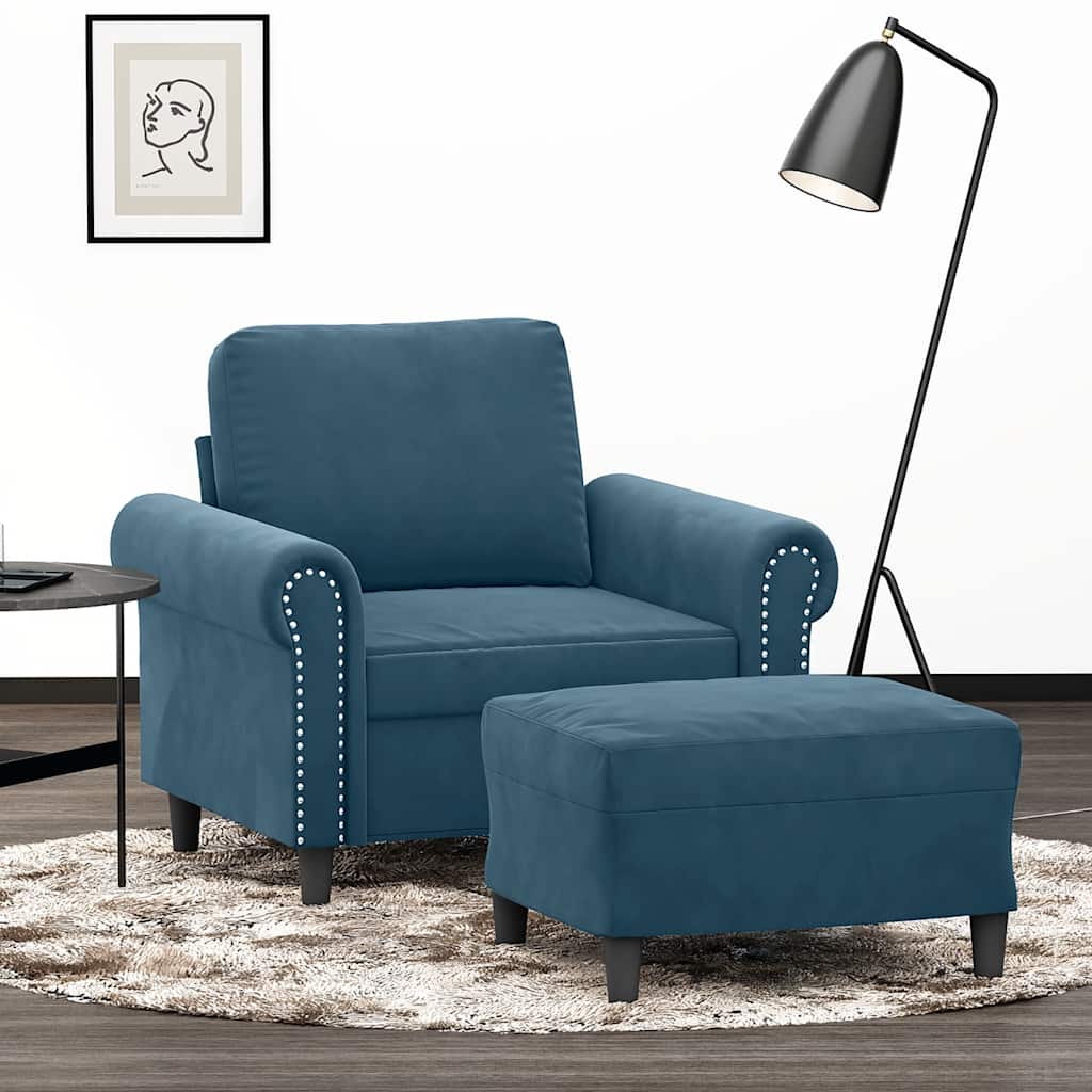 Fauteuil met voetenbank 60 cm fluweel blauw – afbeelding 1