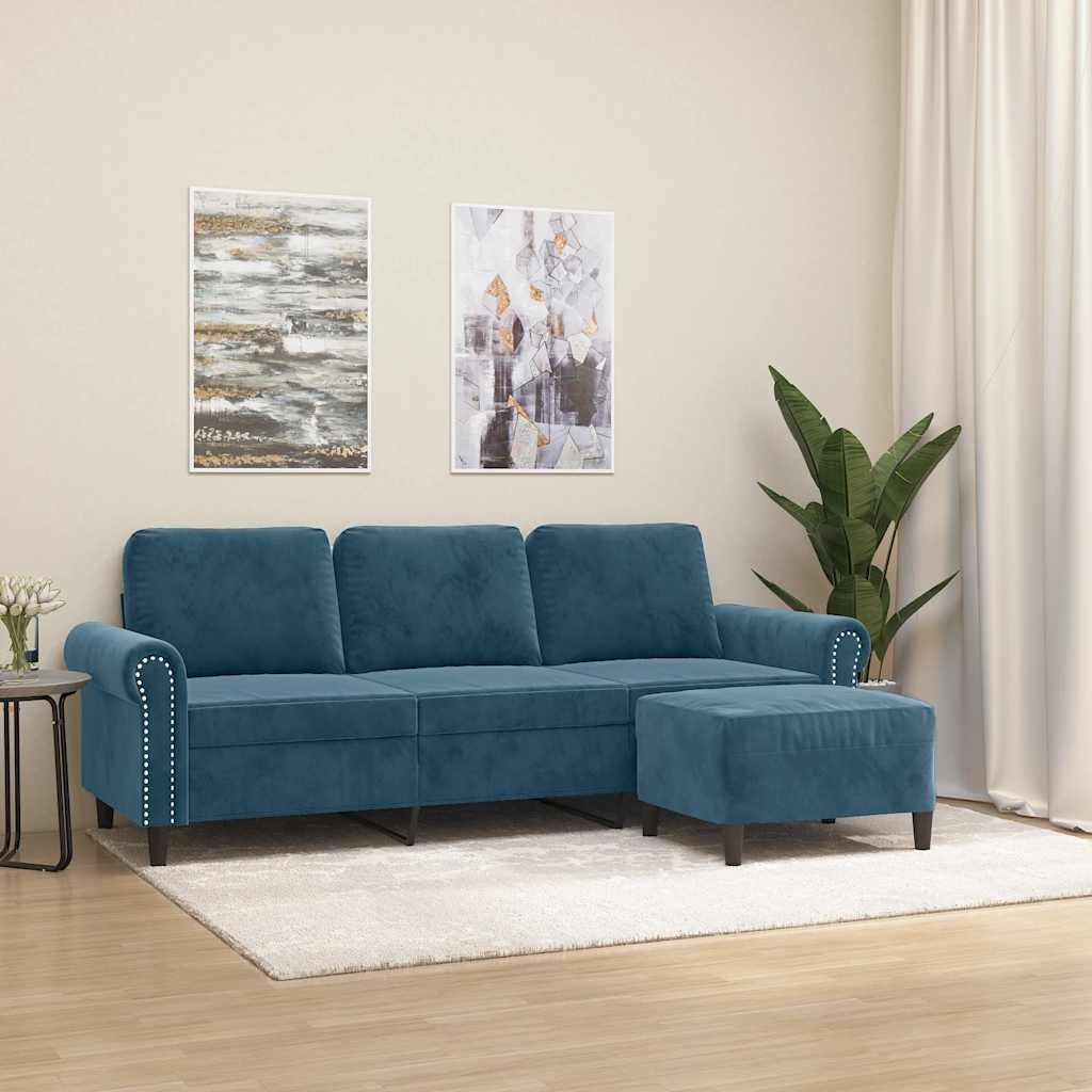 Driezitsbank met voetenbank 180 cm fluweel blauw