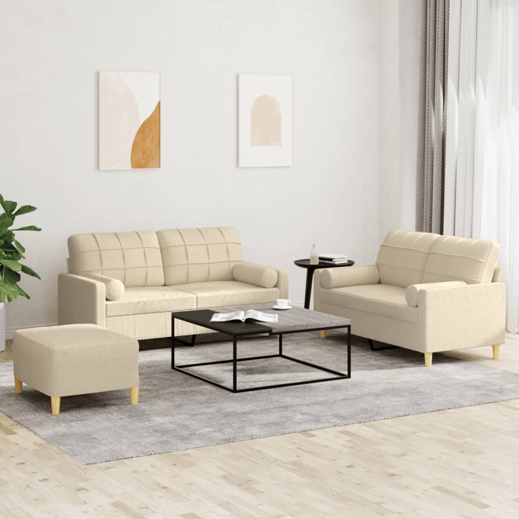 3-delige Loungeset met kussens stof crèmekleurig