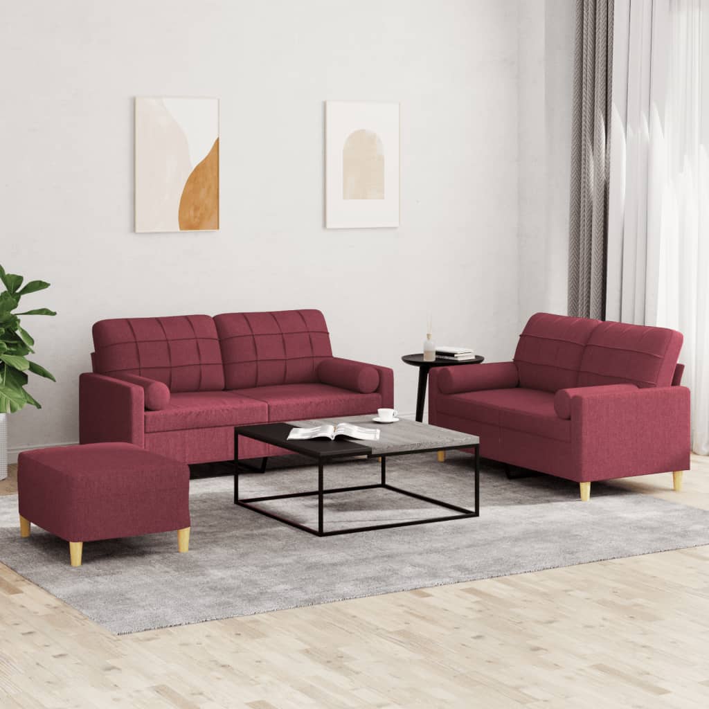 3-delige Loungeset met kussens stof wijnrood – afbeelding 1