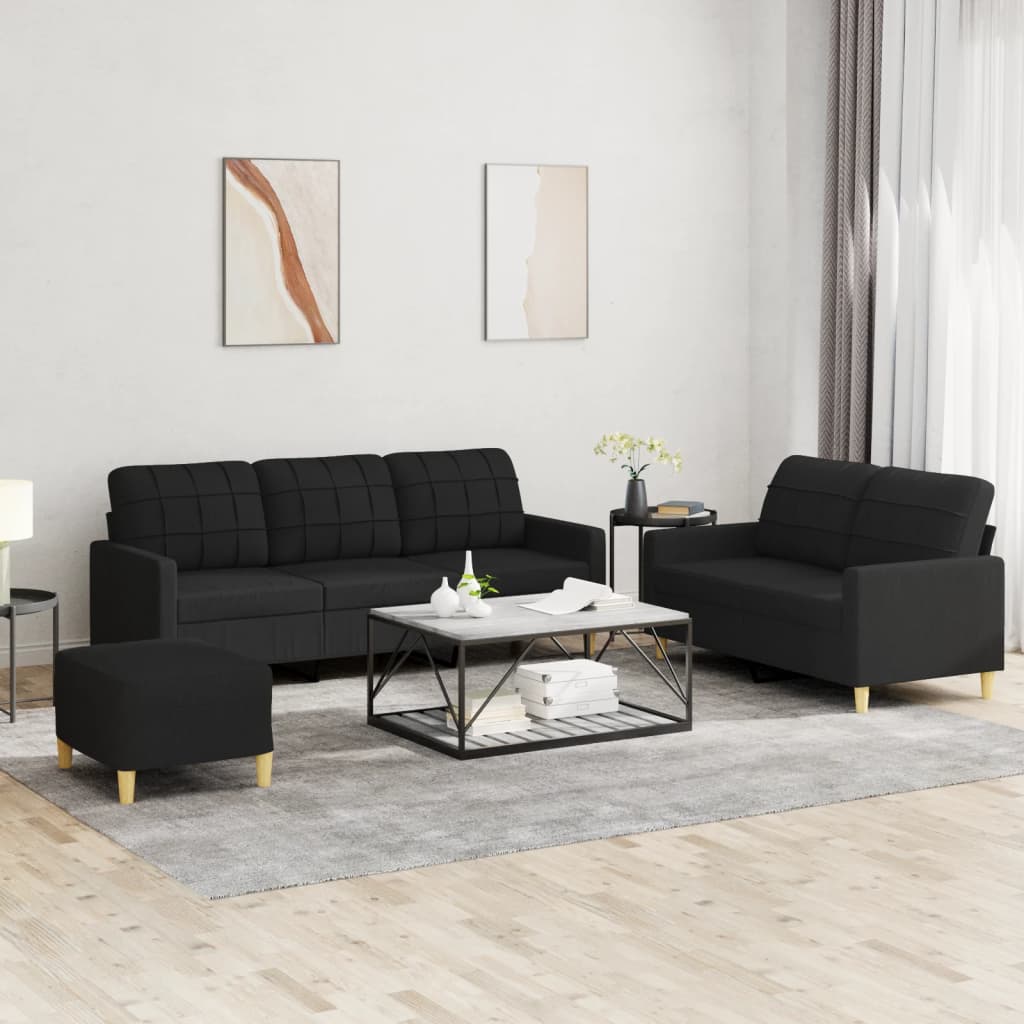 3-delige loungeset met kussens stof zwart