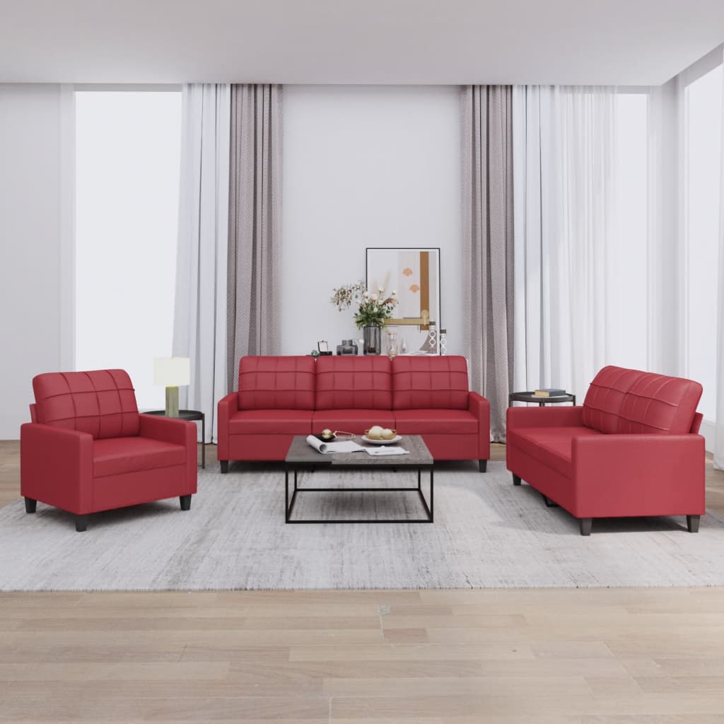 3-delige Loungeset met kussens kunstleer wijnrood – afbeelding 1
