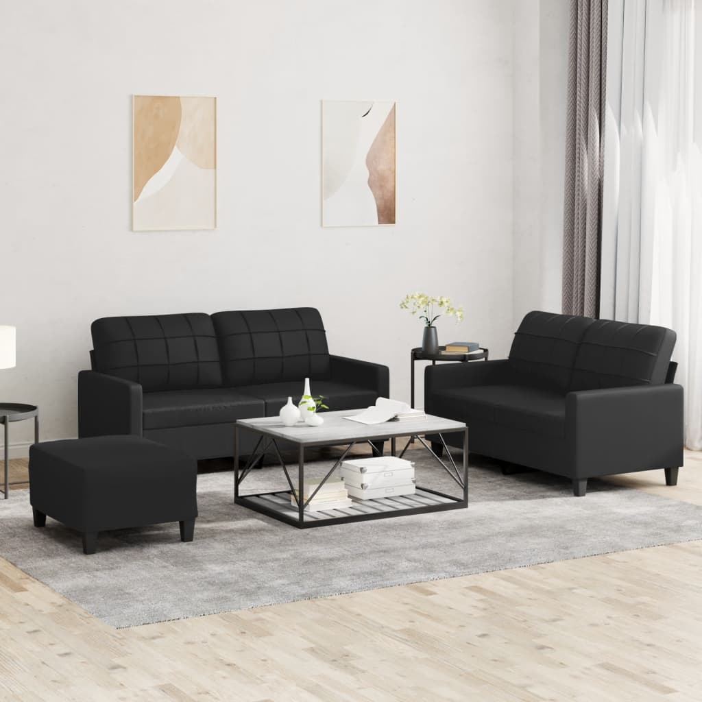 3-delige Loungeset met kussens kunstleer zwart
