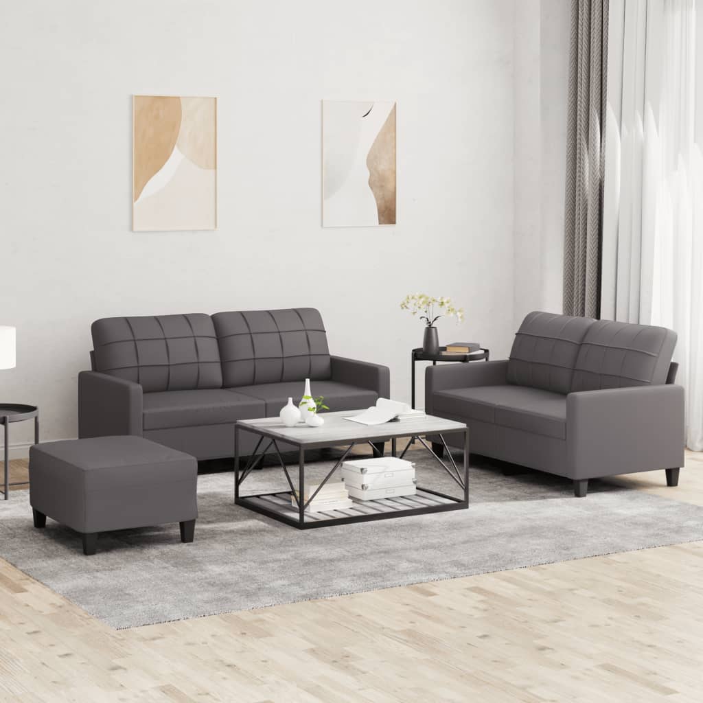 3-delige Loungeset met kussens kunstleer grijs