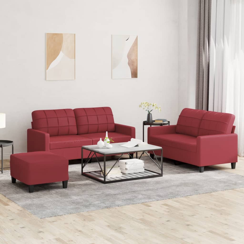 3-delige Loungeset met kussens kunstleer wijnrood