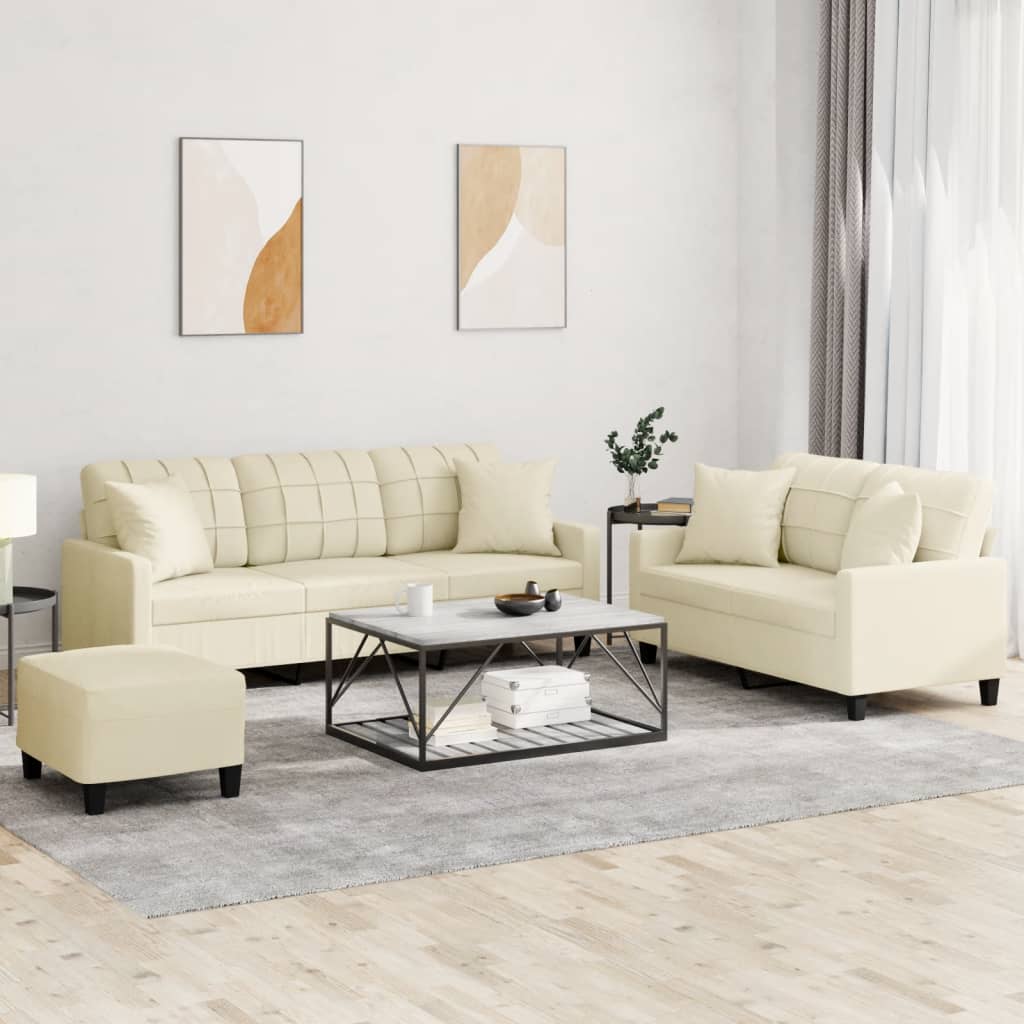 3-delige Loungeset met kussens kunstleer crèmekleurig