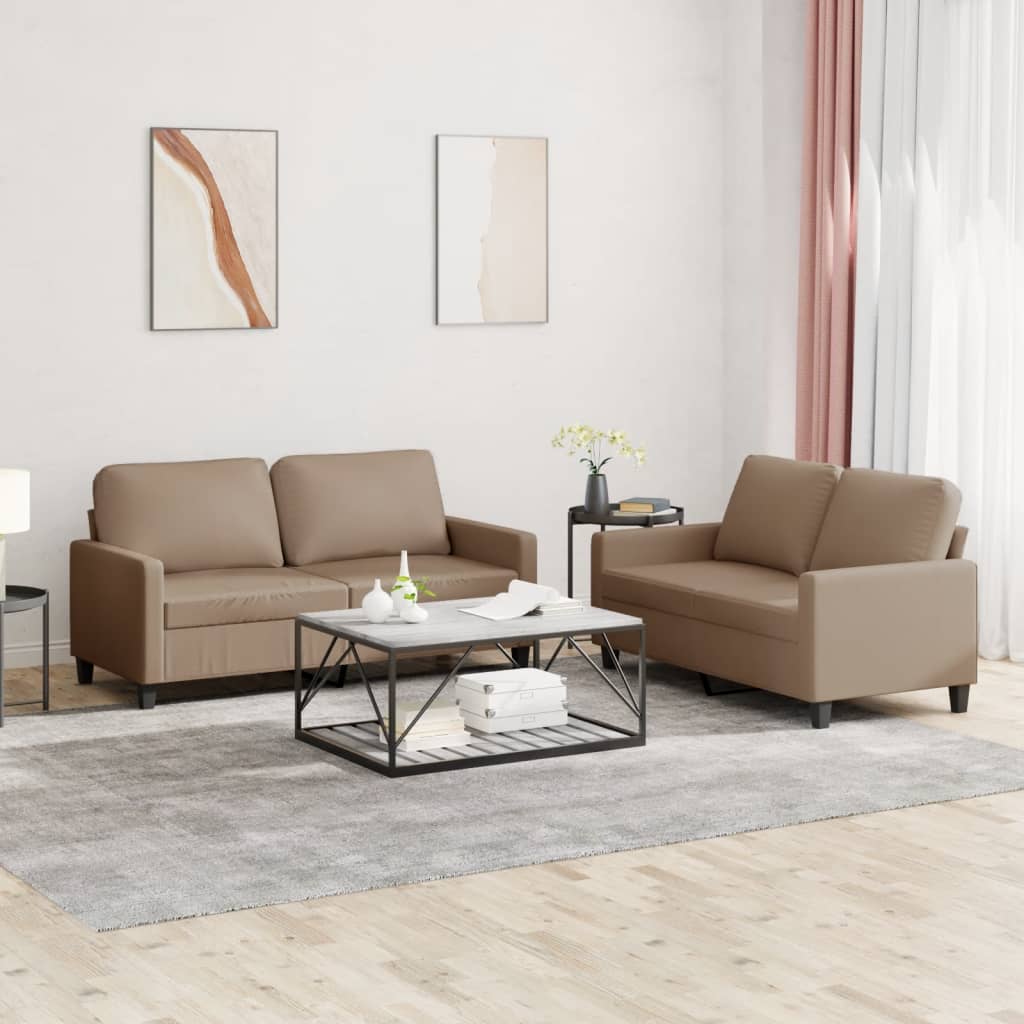 2-delige Loungeset met kussens kunstleer cappuccino – afbeelding 1