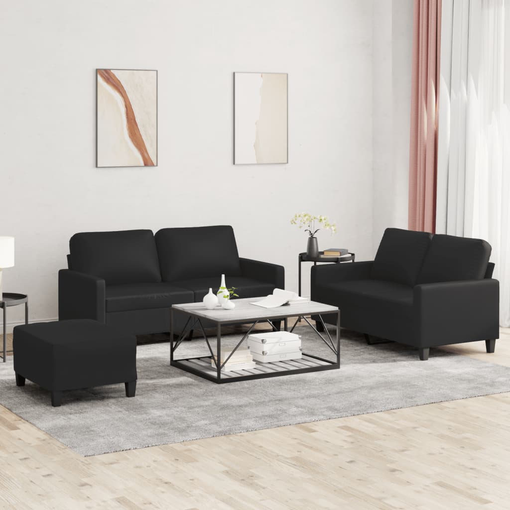 3-delige Loungeset met kussens kunstleer zwart – afbeelding 1