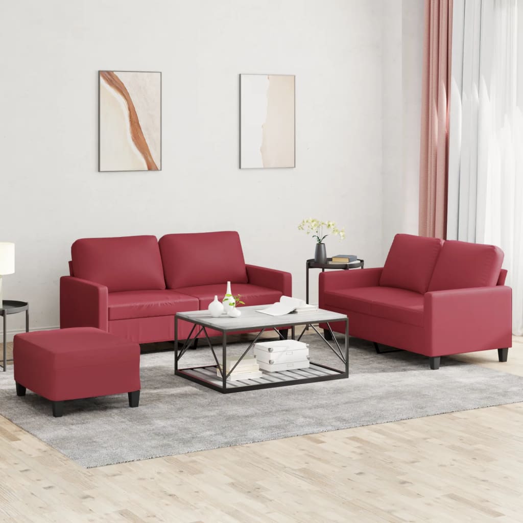 3-delige Loungeset met kussens kunstleer wijnrood – afbeelding 1