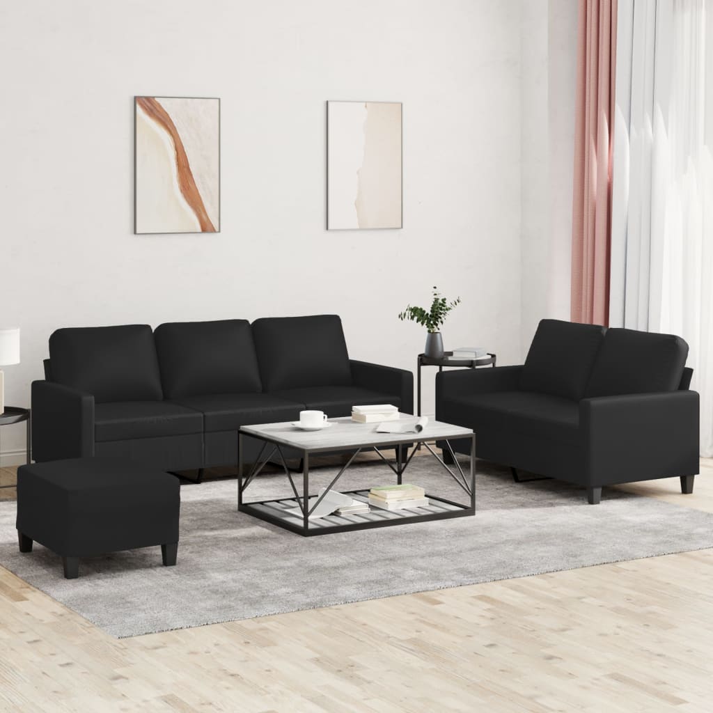 3-delige Loungeset met kussens kunstleer zwart