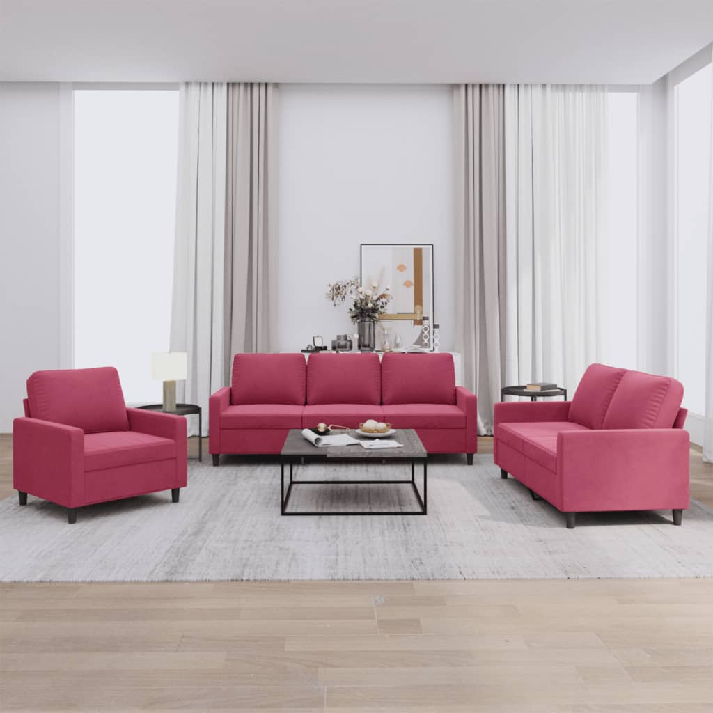 3-delige Loungeset met kussens fluweel wijnrood – afbeelding 1