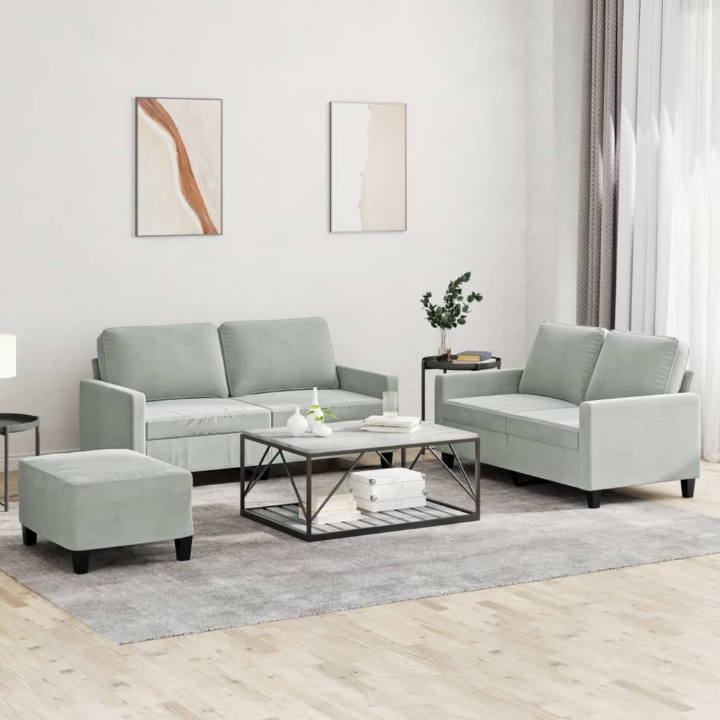 3-delige Loungeset met kussens fluweel lichtgrijs – afbeelding 1