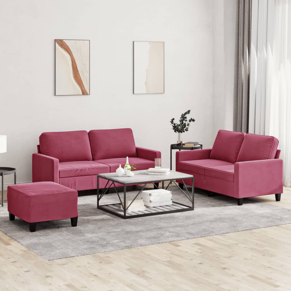 3-delige Loungeset met kussens fluweel wijnrood – afbeelding 1