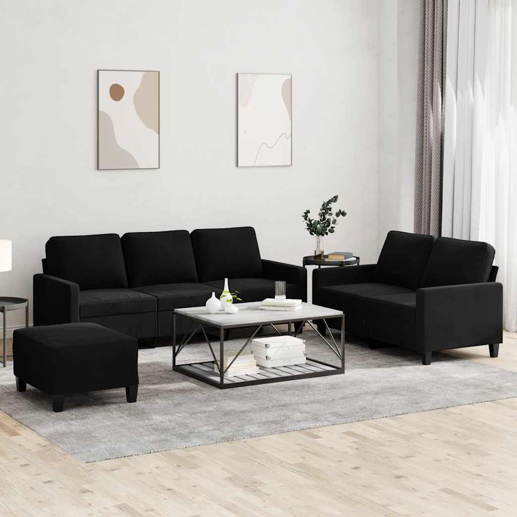 3-delige Loungeset met kussens fluweel zwart – afbeelding 1