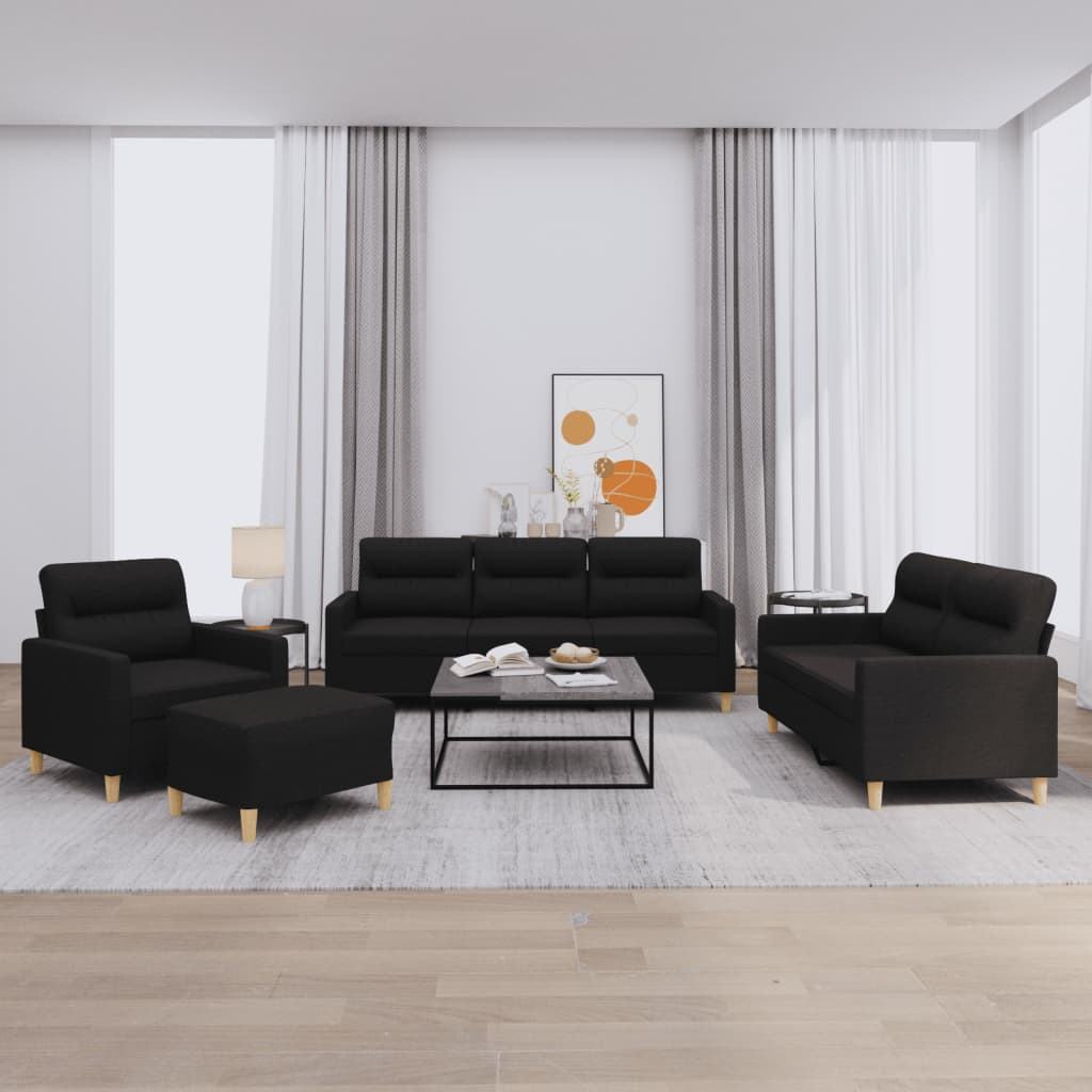4-delige loungeset met kussens stof zwart – afbeelding 1
