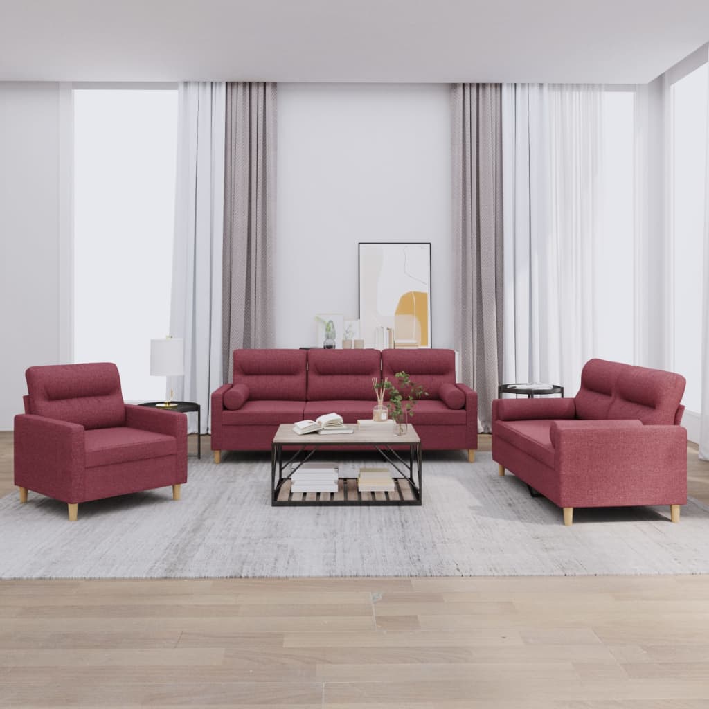 3-delige Loungeset met kussens stof wijnrood – afbeelding 1