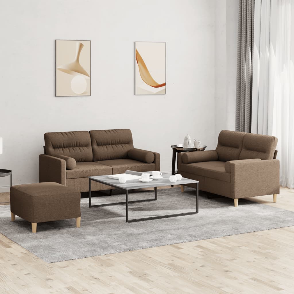 3-delige Loungeset met kussens stof bruin – afbeelding 1