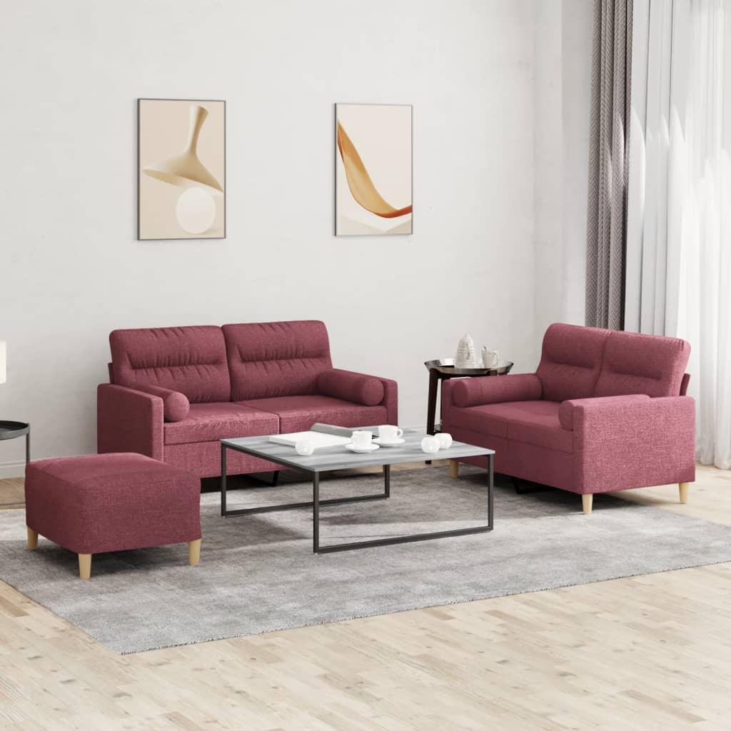 3-delige Loungeset met kussens stof wijnrood – afbeelding 1