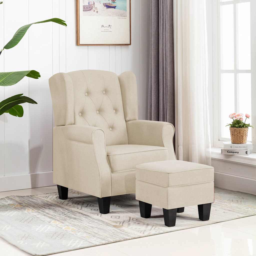 Fauteuil met voetenbankje stof crèmekleurig