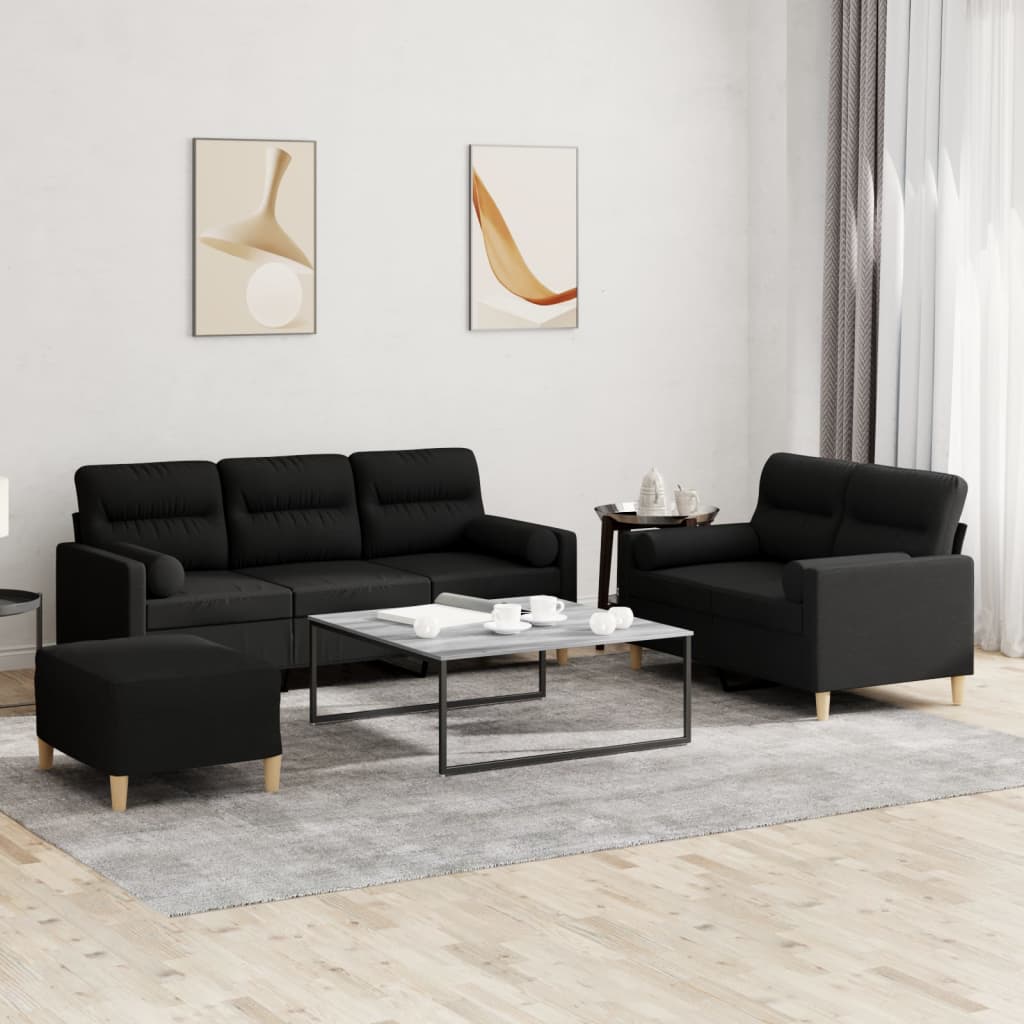 3-delige Loungeset met kussens stof zwart – afbeelding 1