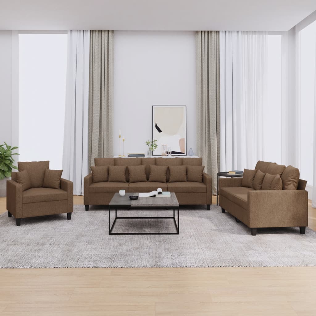 3-delige Loungeset met kussens stof bruin – afbeelding 1