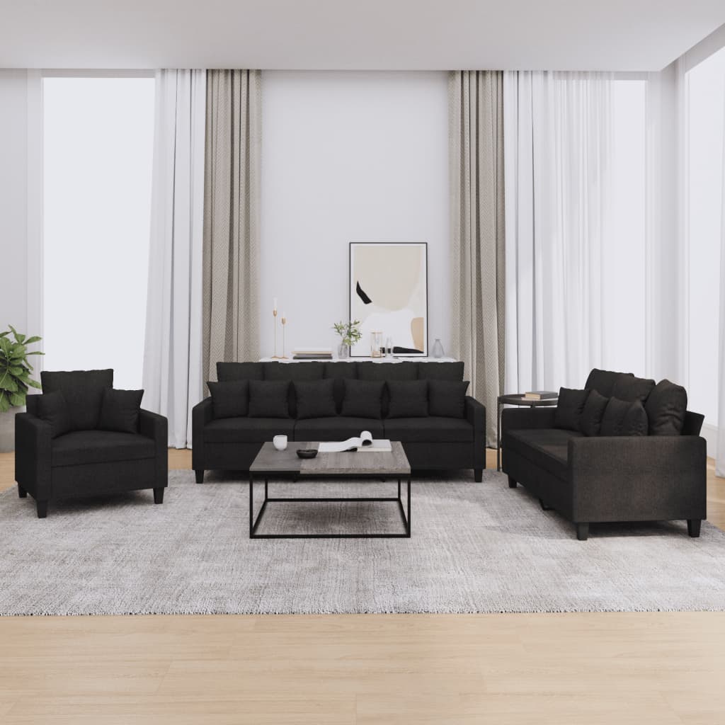 3-delige Loungeset met kussens stof zwart – afbeelding 1