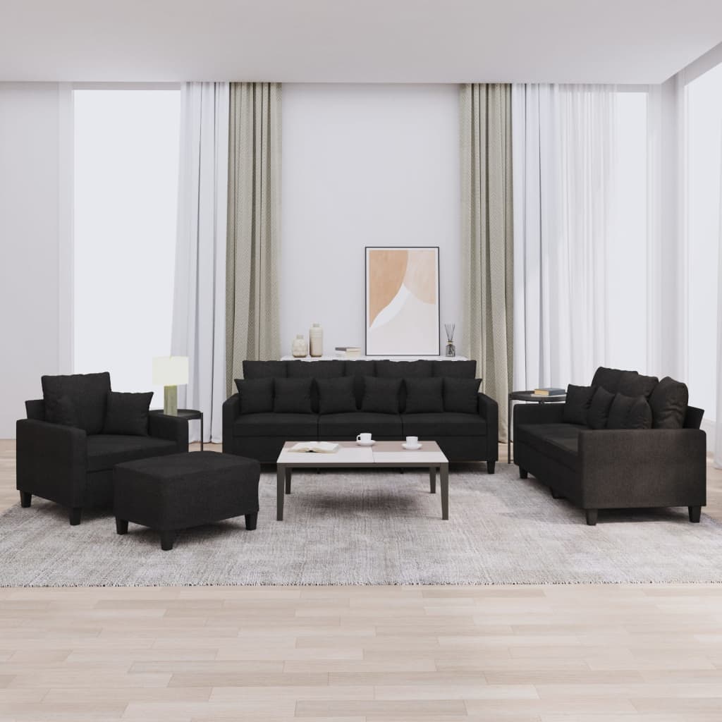 4-delige Loungeset met kussens stof zwart – afbeelding 1