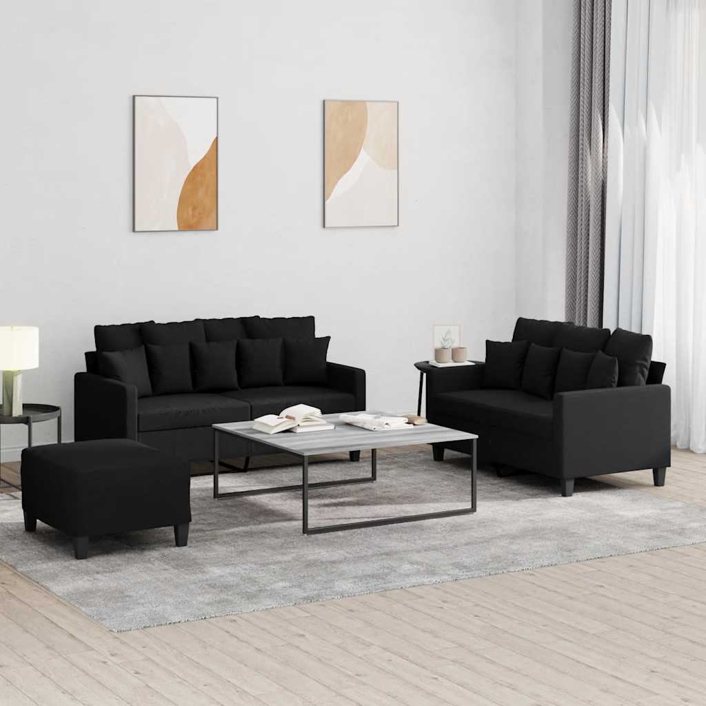 3-delige loungeset met kussens stof zwart