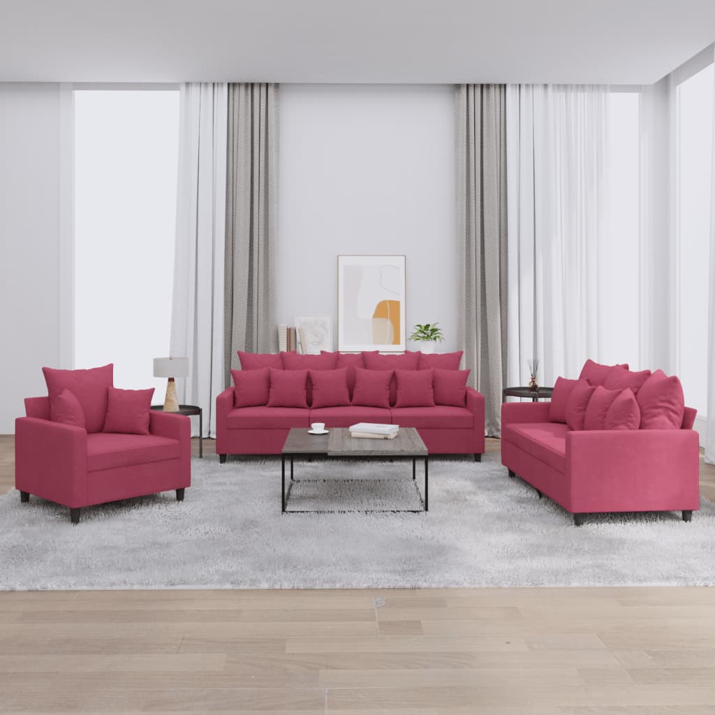 3-delige Loungeset met kussens fluweel wijnrood – afbeelding 1