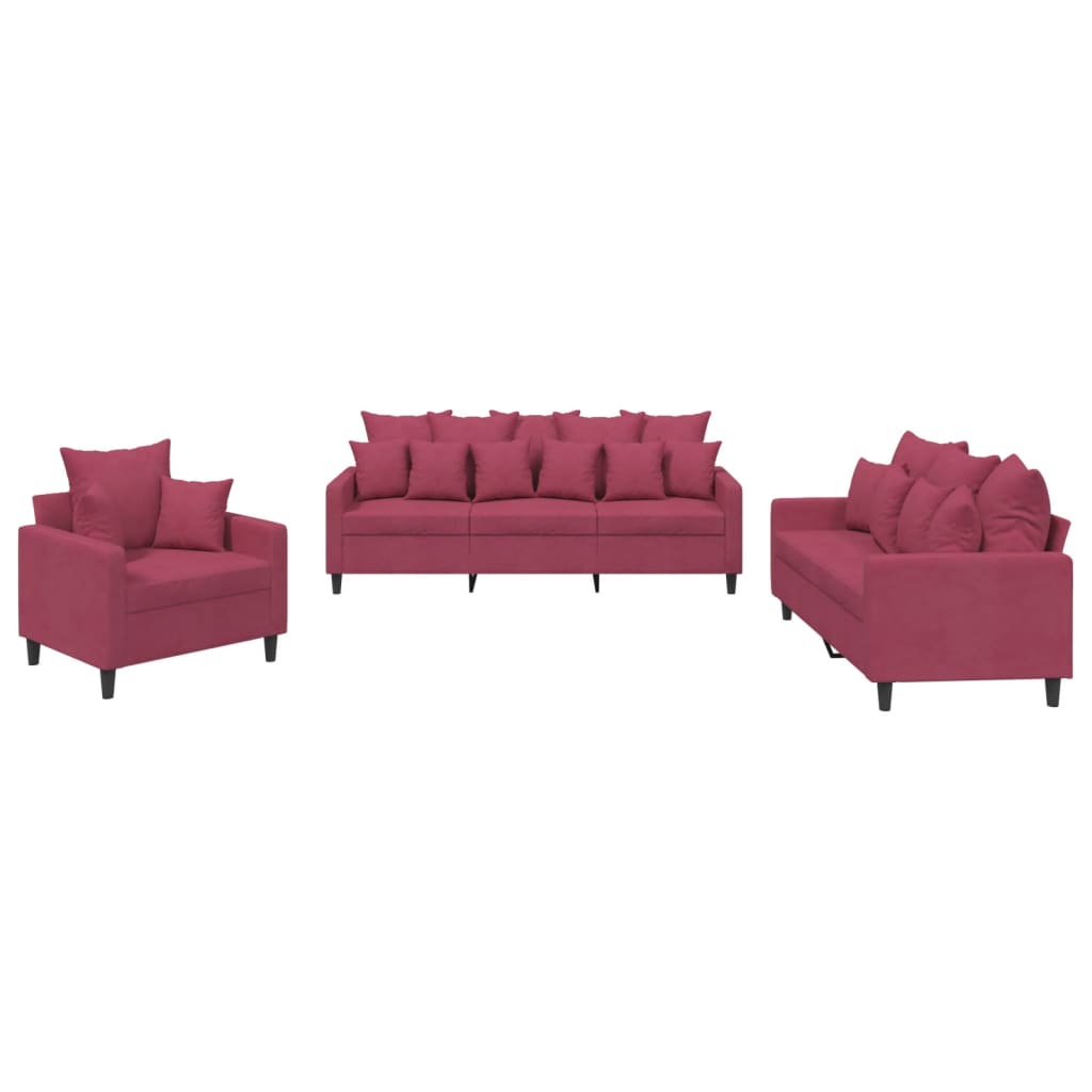 3-delige Loungeset met kussens fluweel wijnrood – afbeelding 2