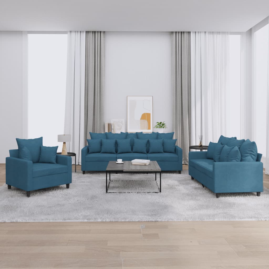 3-delige Loungeset met kussens fluweel blauw – afbeelding 1