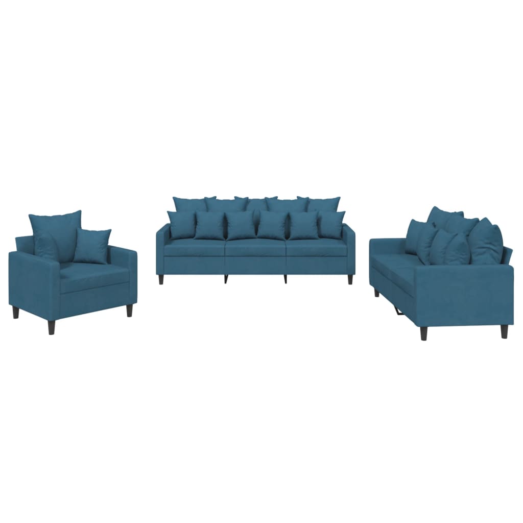 3-delige Loungeset met kussens fluweel blauw – afbeelding 2