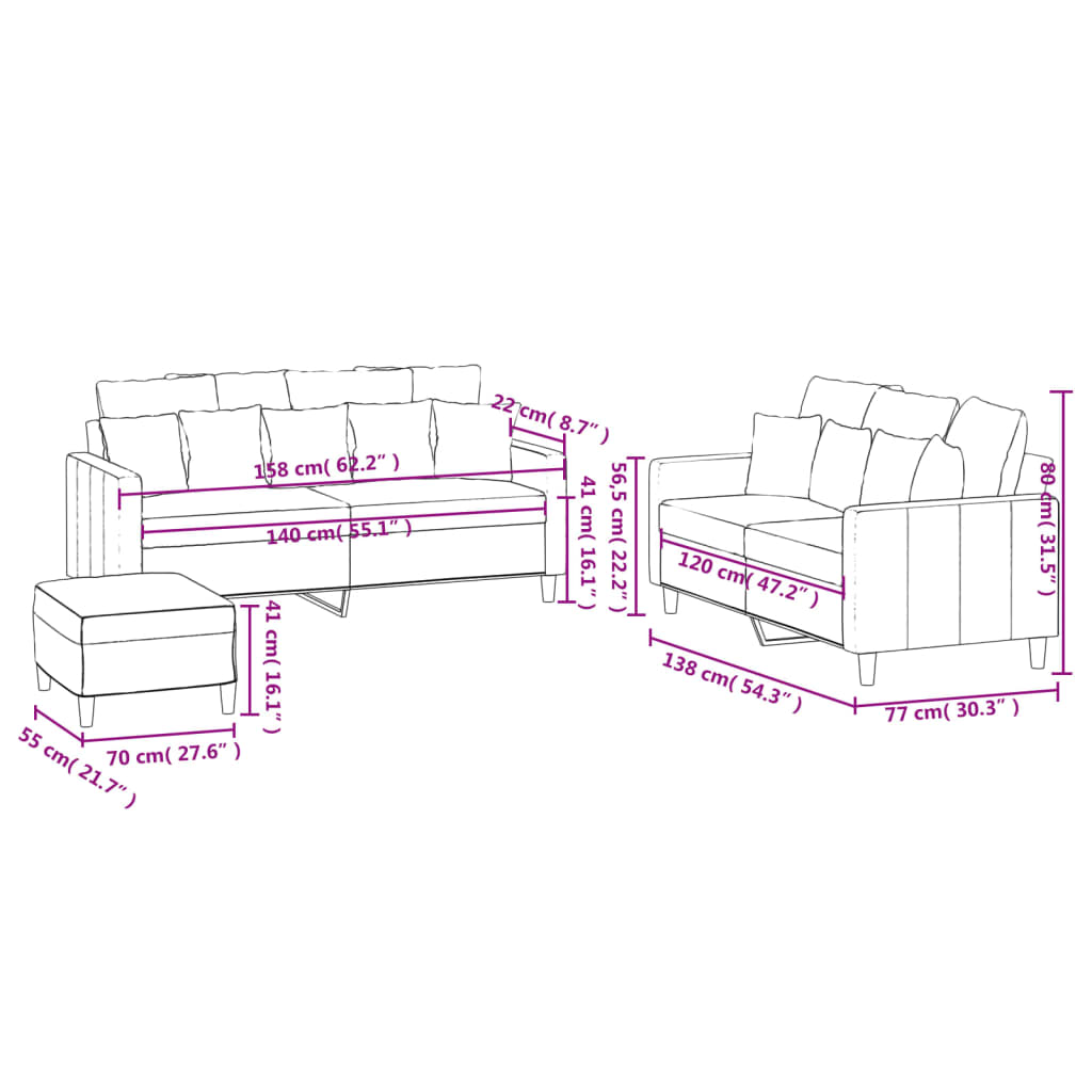 3-delige Loungeset met kussens fluweel roze – afbeelding 9