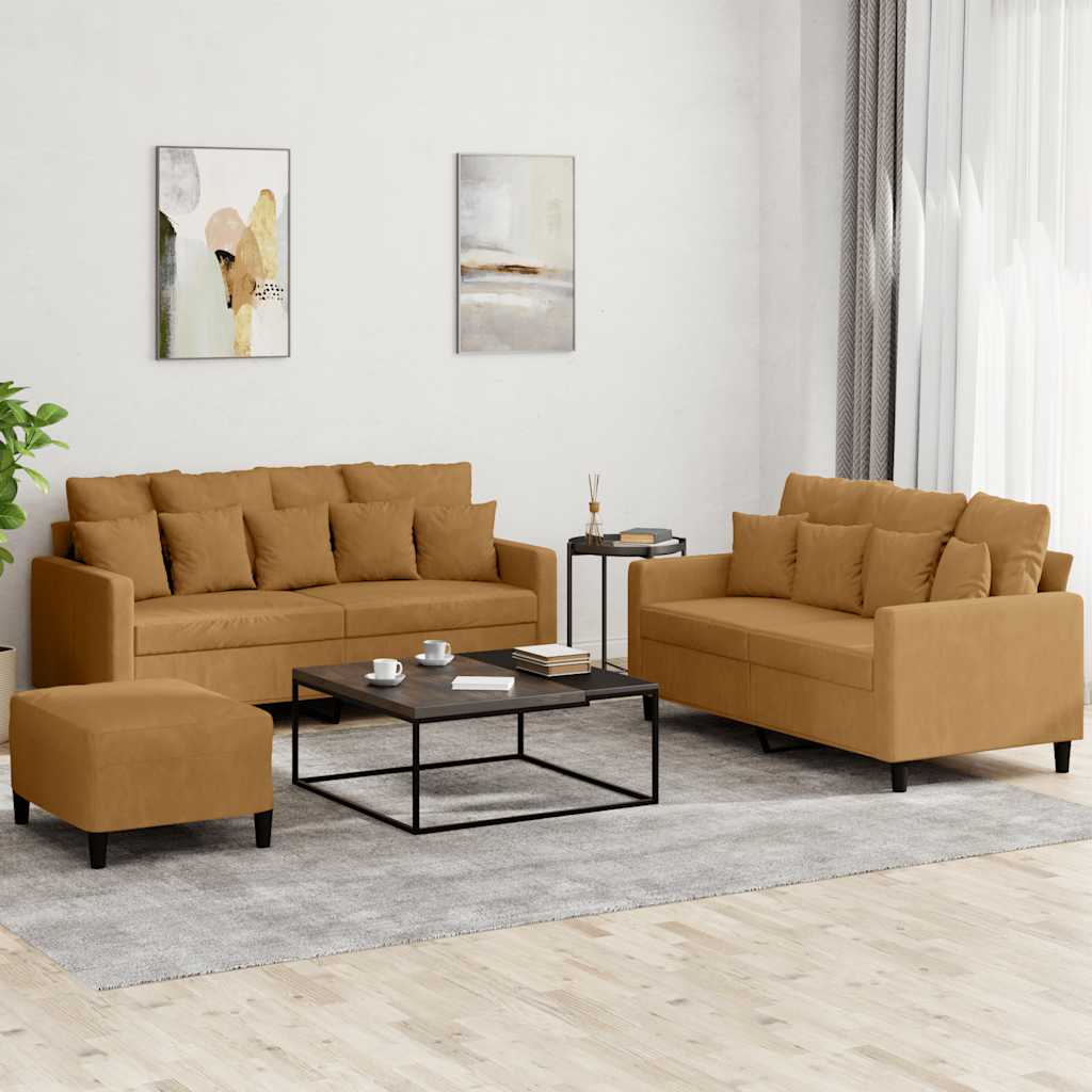 3-delige Loungeset met kussens fluweel bruin