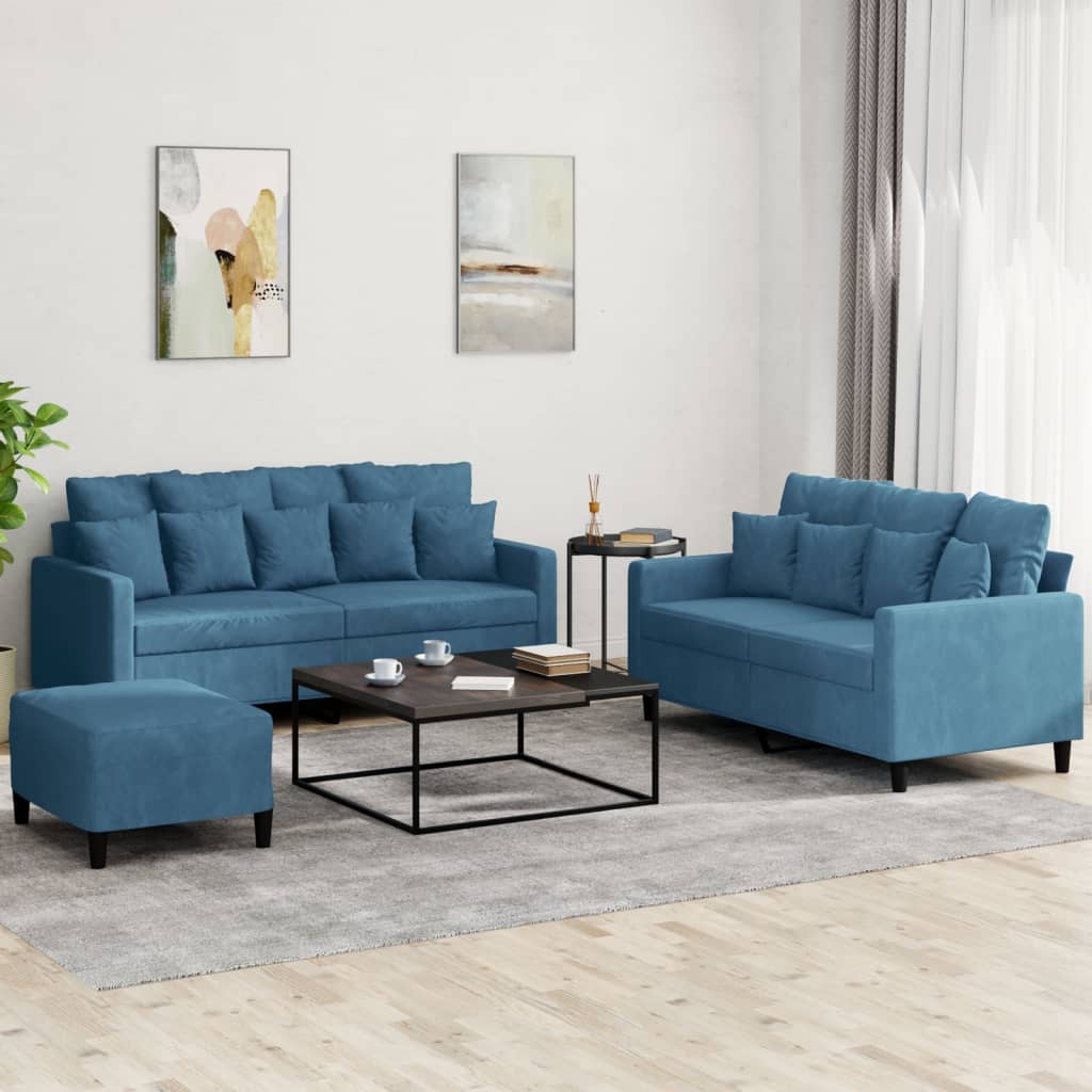3-delige Loungeset met kussens fluweel blauw – afbeelding 1