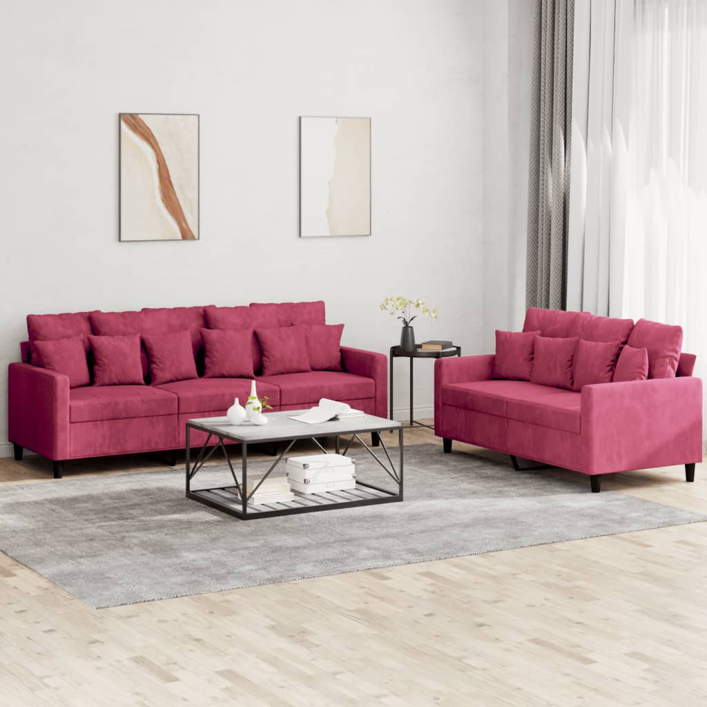2-delige Loungeset met kussens fluweel wijnrood – afbeelding 1